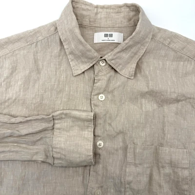 Uniqlo Men's 100% Linen Shirt Long Sleeve Button Down Tan Lightweight S Beach - Image 1 of 4