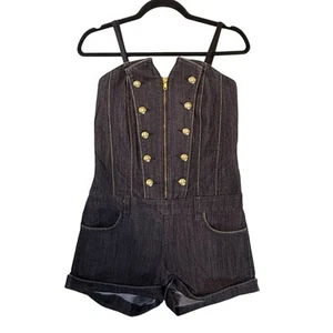 VTG Y2k Encore Denim Short Romper Jumpsuit HipHop 2000s Military SIZE MEDIUM USA - Picture 1 of 13