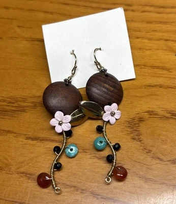 Unique Boho Mixed Materials Dangle Earrings Wood Metal Glass Gold Tone 2.5” - Image 1 of 3