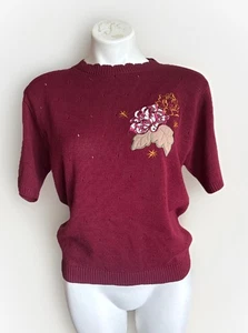 Camisa Suéter Cuello Vieira Parche Flor Punto Pointelle De Colección Para Mujer S/M Roja - Imagen 1 de 9