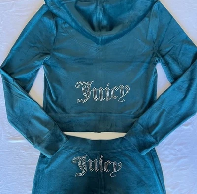 JUICY COUTURE Bling OG Velour Iconic Tracksuit Hoodie Pants Sea Dark Teal S - Image 1 of 4