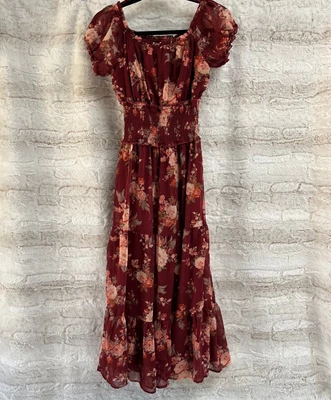 Trixxi Dress Midi Womens Burgandy Floral M Bloomcore Cottagecore Peasant - Image 1 of 4