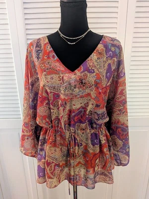 Chaps Denim Ralph Lauren Top Women's XL Multi Paisley Blouse Tunic Boho Peplum  - Image 1 of 4