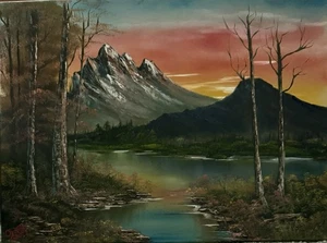 original oil painting Bob Ross Style “Mountain Sunset” By Artist Christina Gault - Picture 1 of 2