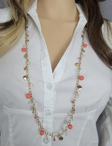 Premier Designs Coral Pink Bead Charm Fringe Gold Tone Chain Necklace 38-41" - Picture 1 of 7