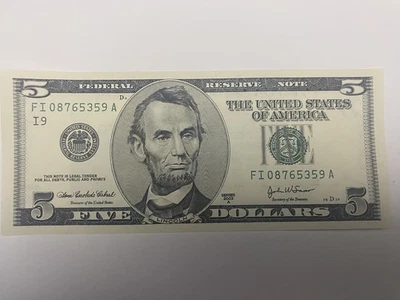 $5 Five Dollar Bill 2003 A  UNCIRCULATED FI 08765359 A - Image 1 of 2