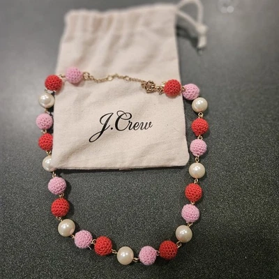 J CREW  Red Pink Crochet Bead Pearl Statement 18" Necklace with Pouch - Image 1 of 4