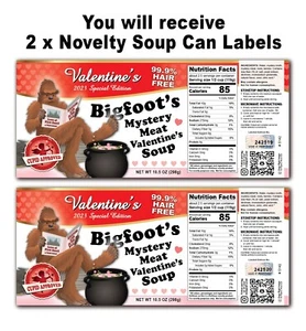 2 x Funny VALENTINES DAY BIGFOOT SASQUATCH Soup Can Labels - Prank Joke Gag GIFT - Picture 1 of 3