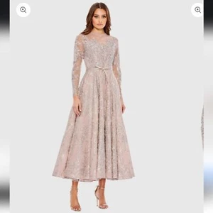 Neu mit Etikett Mac Duggal Kleid 4 rosa verziert Schleife Gürtel Illusion Langarmkleid Netz - Bild 1 von 15