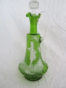 Hand Blown Mary Gregory Green Glass Decanter /Jug with Clear Stopper - 30cm, - Picture 1 of 6