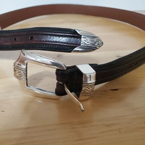 Vintage Onyx By Brighton Leather Western Belt Black Sz 42 Silver Buckle - Picture 1 of 6