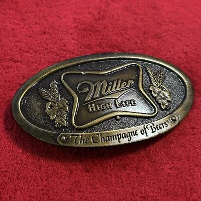 MILLER HIGH LIFE Metal Latón Cinturón Hebilla Champán De Cervezas Bebida Recuerdo Foto 1 de 4