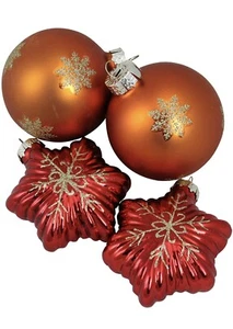 Northlight 4 Shiny Red Stars  Amber Orange Ball Glass Christmas Ornament Set New - Picture 1 of 2