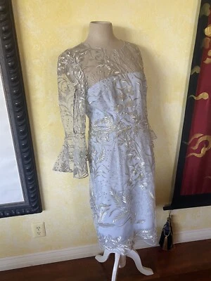 Vestido David Meister Nuevo con Etiquetas 8 Exquisito Metálico Plateado Bordado Lavanda $550 Foto 1 de 4