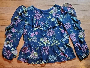 moon & stars Girls Blouse Long Ruffle Sleeves XL Navy Floral Print Chiffon NWT - Picture 1 of 9
