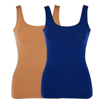 Rhonda Shear 2 Pack Seamless Cotton Smoothing Tank, Blue and Beige, Medium - Image 1 of 3