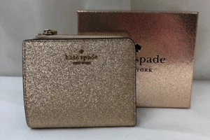 Kate Spade Boxed Small Glitter L Zip Bifold Wallet Gold - Picture 1 of 4