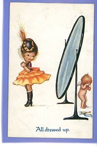 1918 CUTE GIRL ALL DRESSED UP IN MIRROR UPSET CUPID COMIC HUMOUR POSTCARD