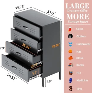 Elegro Stylish 4-Drawer Metal Storage Cabinet–for Clothes, Files, Toys & More - Picture 1 of 7