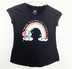 Justice Girls Rainbow Dog Sparkly Black Top shirt Being This Magical Is Ruff - Picture 1 of 5