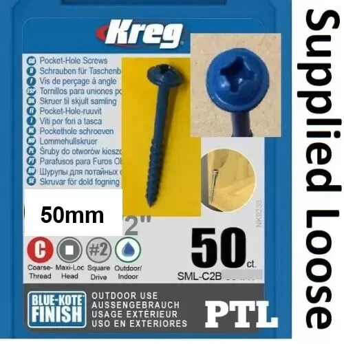50 pcs KREG 8x2" 50mm COARSE POCKET SCREWS Blue Kote coated PH2 WASHER HEAD