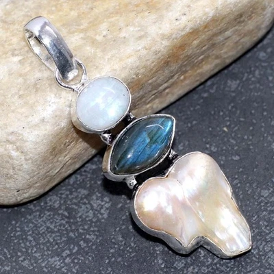 Colgante grande Biwa perla labradorita ardiente enchapado en plata 925 2,3" declaración JW Foto 1 de 3