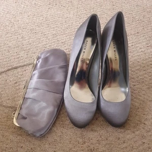 Karen Millen Silver Satin Shoes Size 39 And Matching Bag - Picture 1 of 10