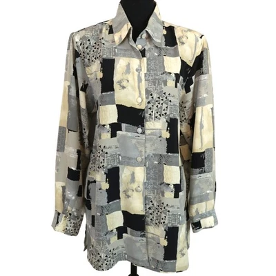 复古 80 年代 90 年代 Liz Baker 纽扣衬衫灰色几何图案中号束腰外衣复古 — 第 1/4 张图片