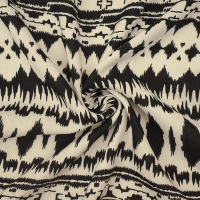 Tela Tejida Challis Estampada Tribal Ikat Rayón Negro-Marfil Foto 1 de 4