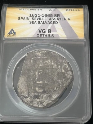 SASA 1621-1665 Sevilla Spain Silver 8 Reales Anacs Vg8 Sea Salvage - Image 1 of 4