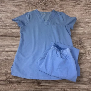 Mandala Size Small Ceil Blue Scrub Set V Neck Top & Size S/P Cargo Scrub Pants - Picture 1 of 10