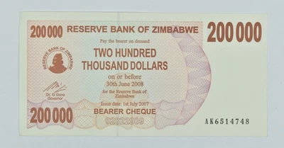 2007 Zimbabwe 200,000 Dollars Bearer Cheque *2476 - Image 1 of 4