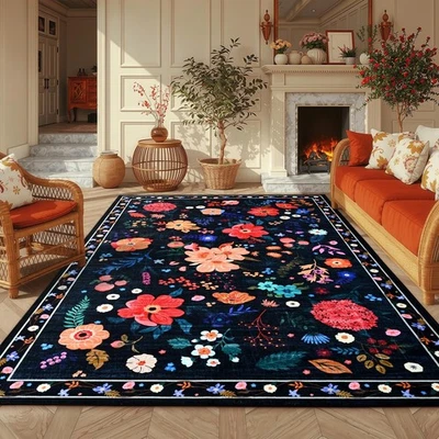 Alfombra floral negra 6x9 para dormitorio de niñas, alfombras lavables a máquina con no S... Foto 1 de 4