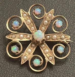 Antike viktorianische Brosche 10 K Gelbgold Opal Saatperle Starburst Wirbel Anstecknadel - Bild 1 von 16