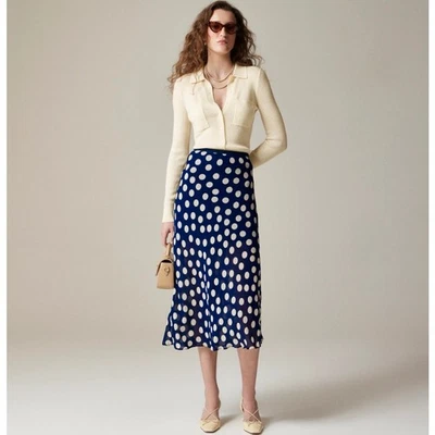 Nueva Falda sin Mangas J.Crew Gwyneth WMNS M Azul Marino Blanco Lunares Viscosa Gasa Forrada Foto 1 de 4