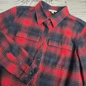 LL Bean Signature Womens Large Regular Red Blue Plaid Chamois Tunic Shacket Fall - Picture 1 of 12