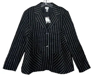 Chico's Linen Blend Blazer Jacket Women's 3 / XL Black White Striped Crinkle - Picture 1 of 16