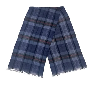 Vintage Hand Loomed 100% Wool Scarf Blue Plaid Fringe West Germany Made - Picture 1 of 4