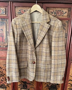 70s Harris Tweed Wool Plaid Blazer Suit Jacket Mens S Mustard Brwn NOS R J Press - Picture 1 of 13