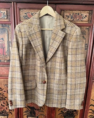 70s Harris Tweed Wool Plaid Blazer Suit Jacket Mens S Mustard Brwn NOS R J Press - Image 1 of 4