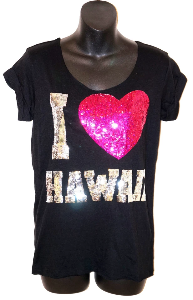 NWT VICTORIA'S SECRET LOVE PINK HAWAII Sequin BLING BLACK Silver T shirt Top NEW - Image 1 of 4