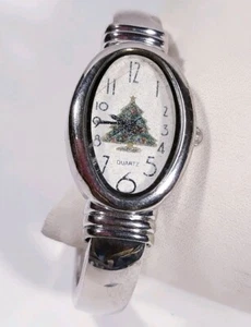 Christmas Tree Watch Silver Bangle Band White Face Green Accent Easy to Read - Picture 1 of 9