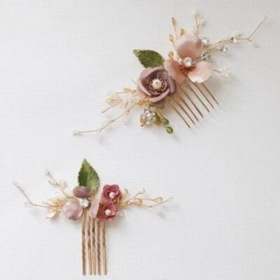 2024 new Wedding Accessories Pink Flower Hairpin Leaf Hair Comb Pin Clip  - Image 1 of 4