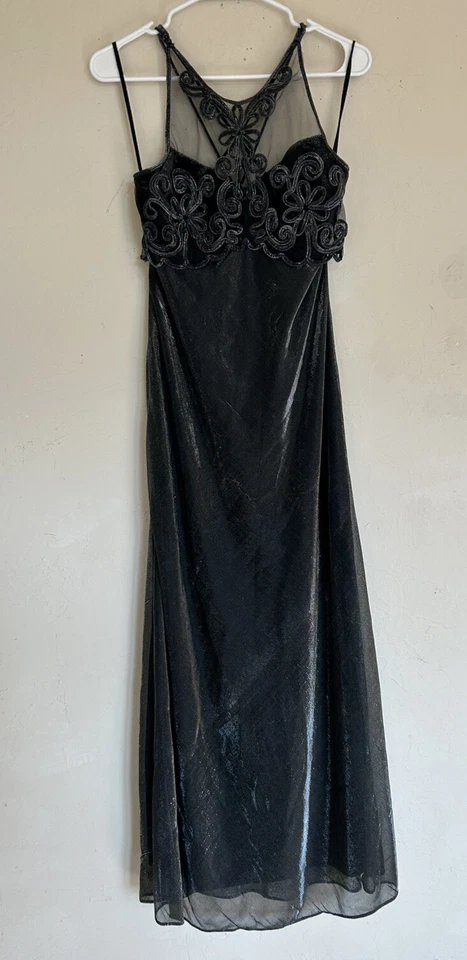 Maxi Vestido Largo Sin Mangas Vintage Años 90 Negro Plateado Metálico Formal Noche Fiesta S Foto 1 de 4