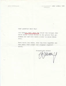 Brief von Max Schmeling, ehemaliger Boxweltmeister mit originaler Unterschrift. - Bild 1 von 1