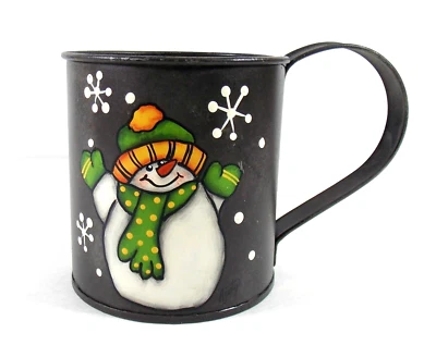Coffee Mug Tin Cup Hand Painted Black Whimsical Snowman - Image 1 of 4