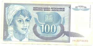 100 Jugoslawische DINAR - # AA 227 8693 - Bild 1 von 2