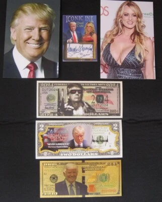 Donald Trump & Stormy Daniels 6 Items! 1 Card 3 Bills 2 Postcards Facsimile Auto - Image 1 of 4