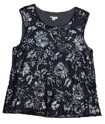 Camiseta sin mangas Garnet Hill negra brillante grande sin mangas lentejuelas negra vacaciones Foto 1 de 4