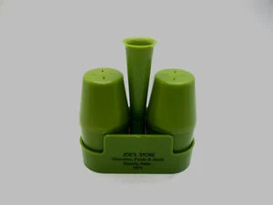 Oconto NB Joe's Store 1971 Salt & Pepper Set with Holder Olive Green Plastic - Picture 1 of 3